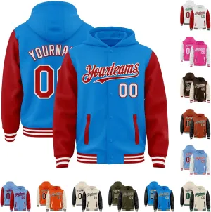 Custom Hooded Varsity Jacket Baseball Jacket Letterman Cotton Blend and Leather Sleeves Two Tone Bomber Jacket S-5XL