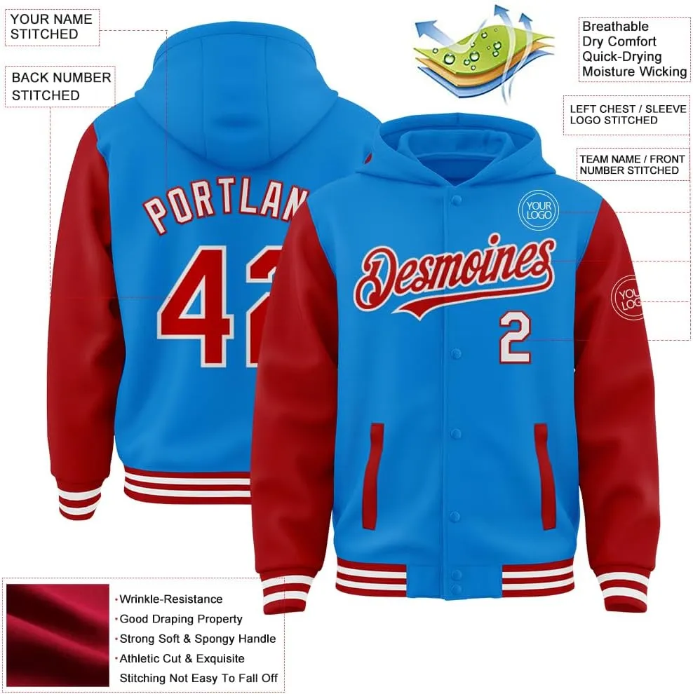 Custom Hooded Varsity Jacket Baseball Jacket Letterman Cotton Blend and Leather Sleeves Two Tone Bomber Jacket S-5XL