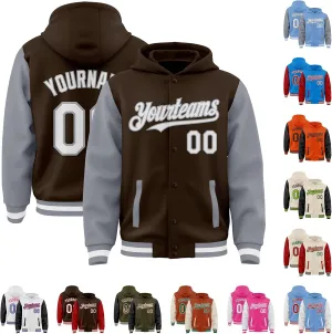 Custom Hooded Varsity Jacket Baseball Jacket Letterman Cotton Blend and Leather Sleeves Two Tone Bomber Jacket S-5XL