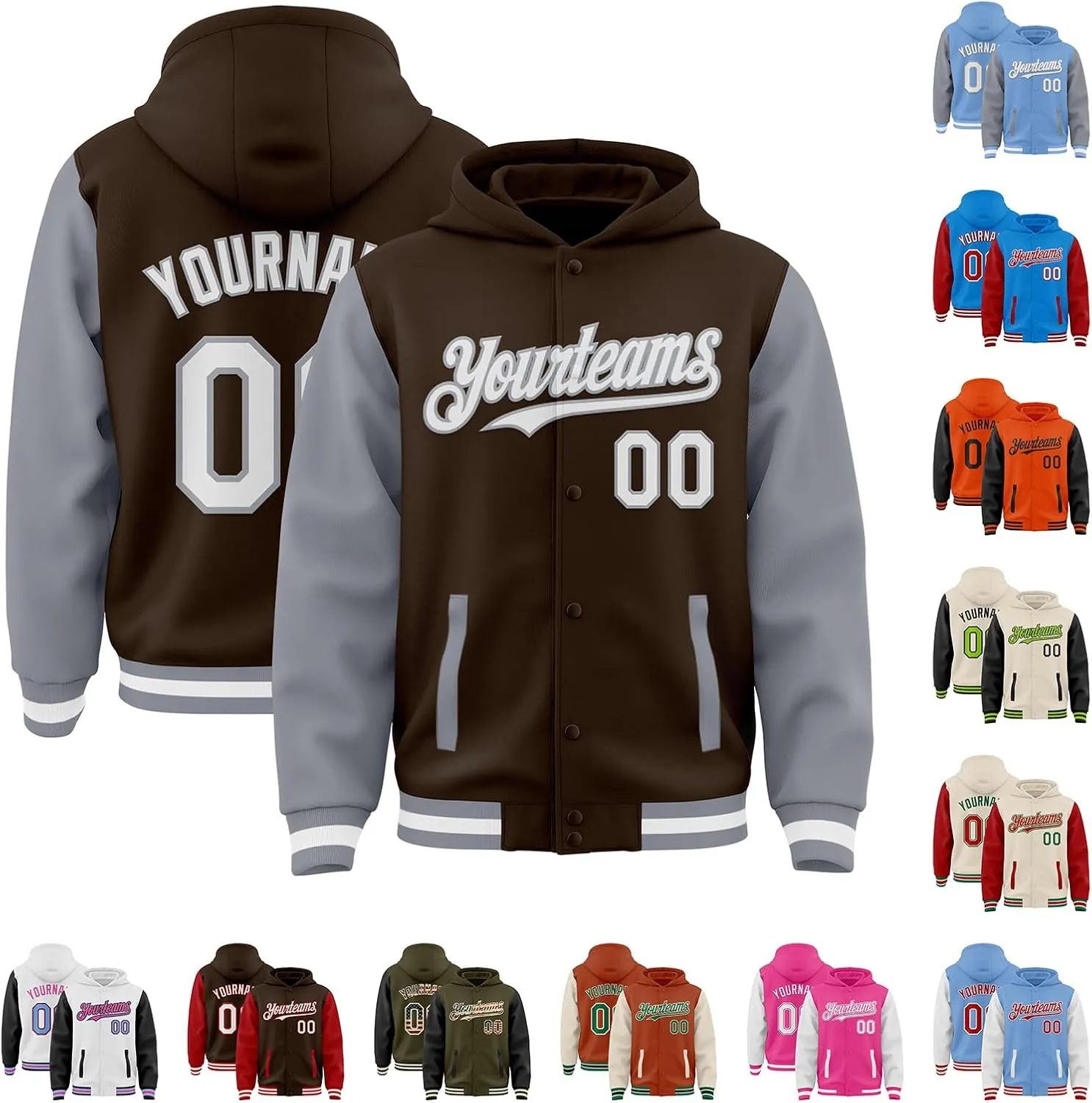 Custom Hooded Varsity Jacket Baseball Jacket Letterman Cotton Blend and Leather Sleeves Two Tone Bomber Jacket S-5XL