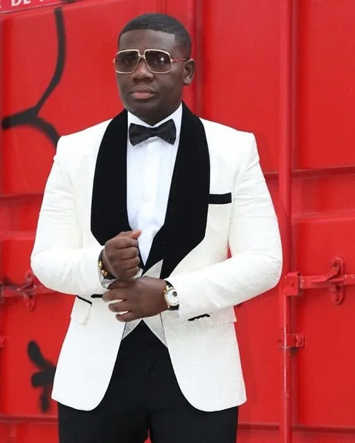 Custom White Detail Black Trim Italian Design 3 Piece Suit