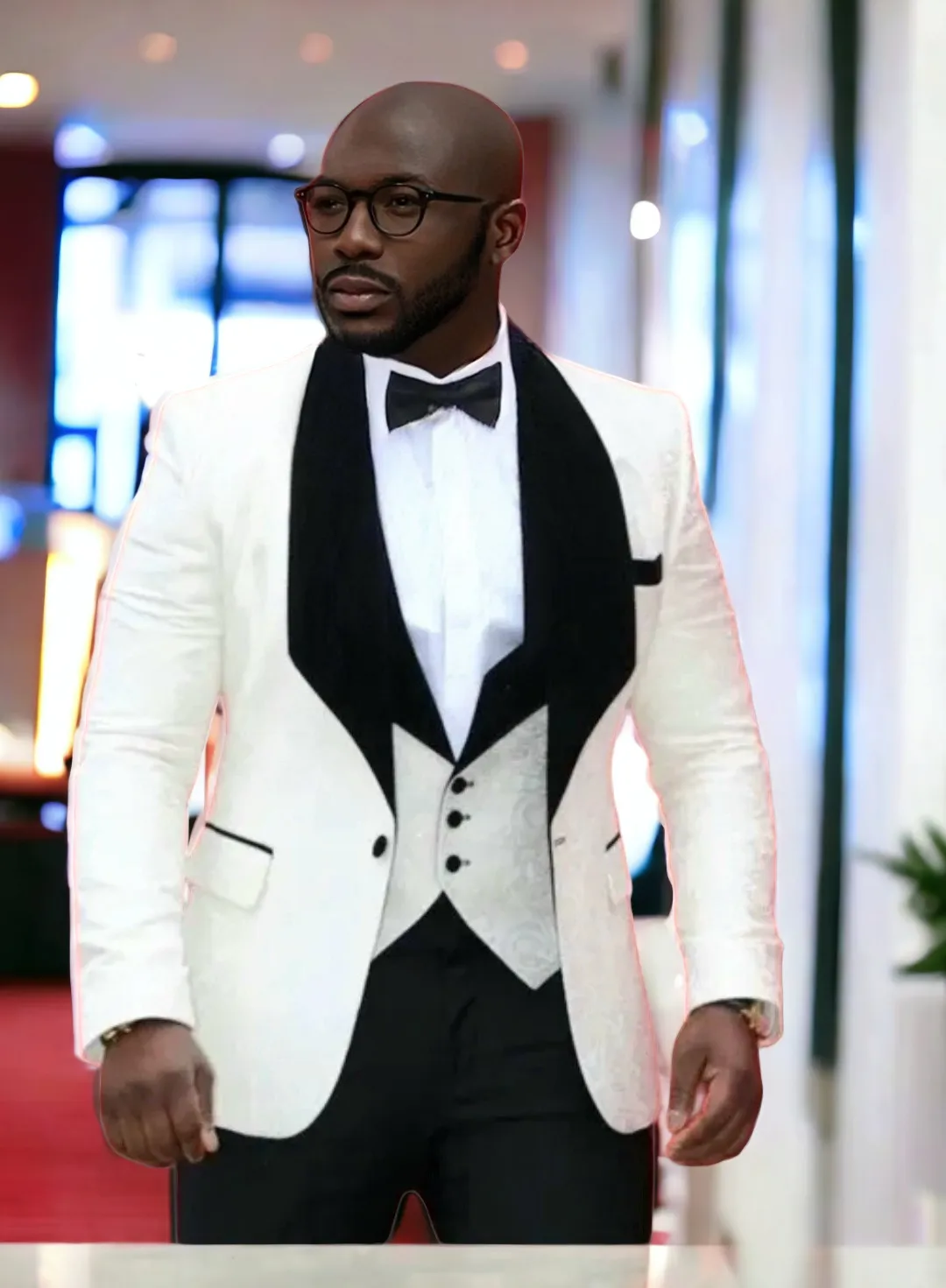 Custom White Detail Black Trim Italian Design 3 Piece Suit