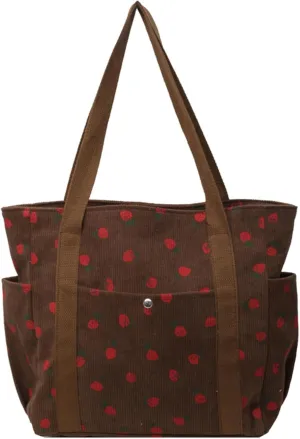 Cute Strawberry Shoulder Tote Bag Women 2025 Corduroy Book Handbag Square Purse Multiple Pockets College