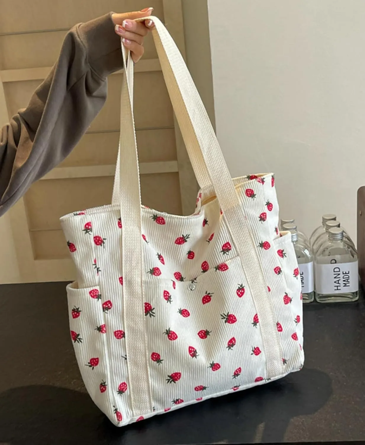 Cute Strawberry Shoulder Tote Bag Women 2025 Corduroy Book Handbag Square Purse Multiple Pockets College