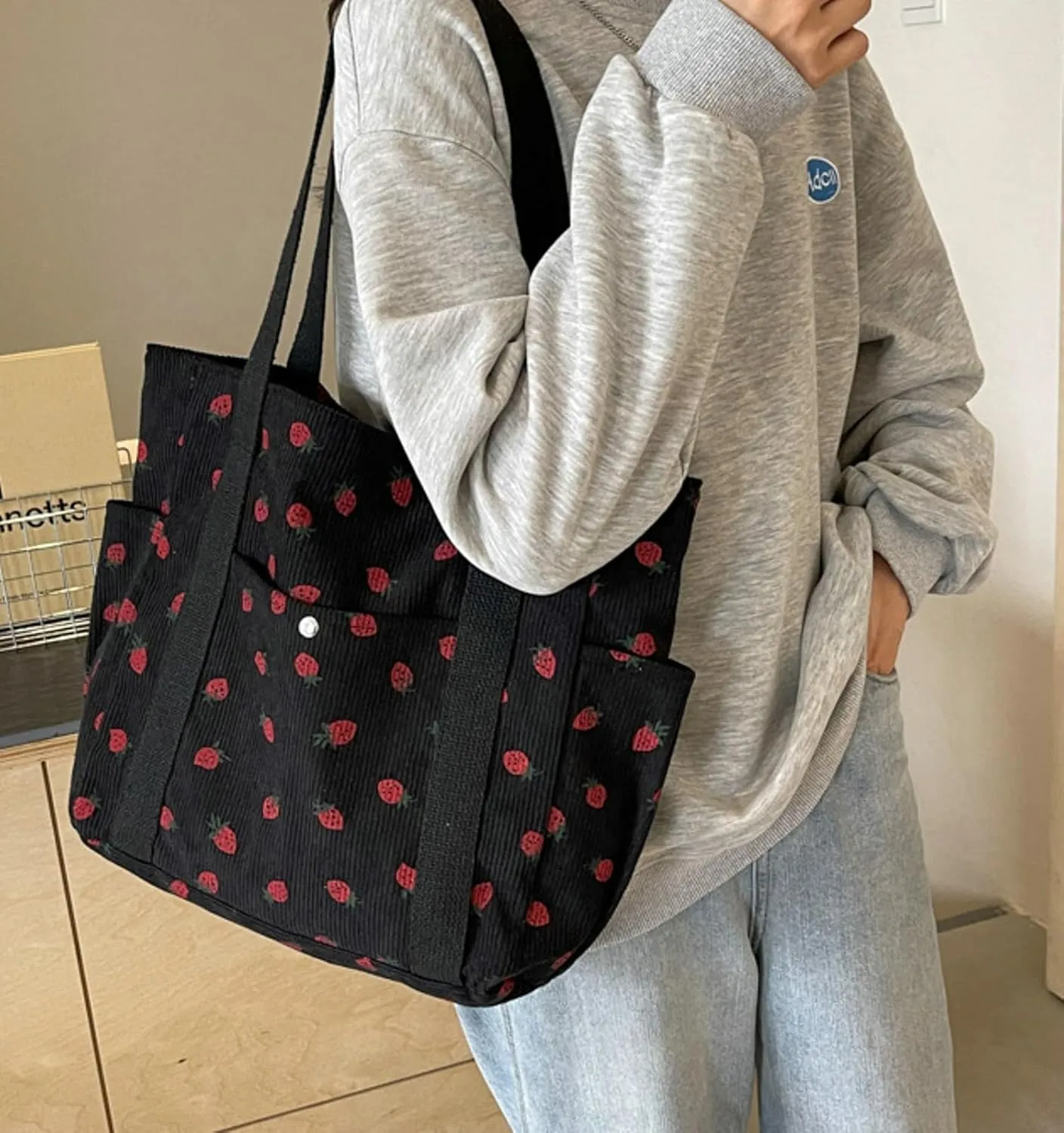 Cute Strawberry Shoulder Tote Bag Women 2025 Corduroy Book Handbag Square Purse Multiple Pockets College