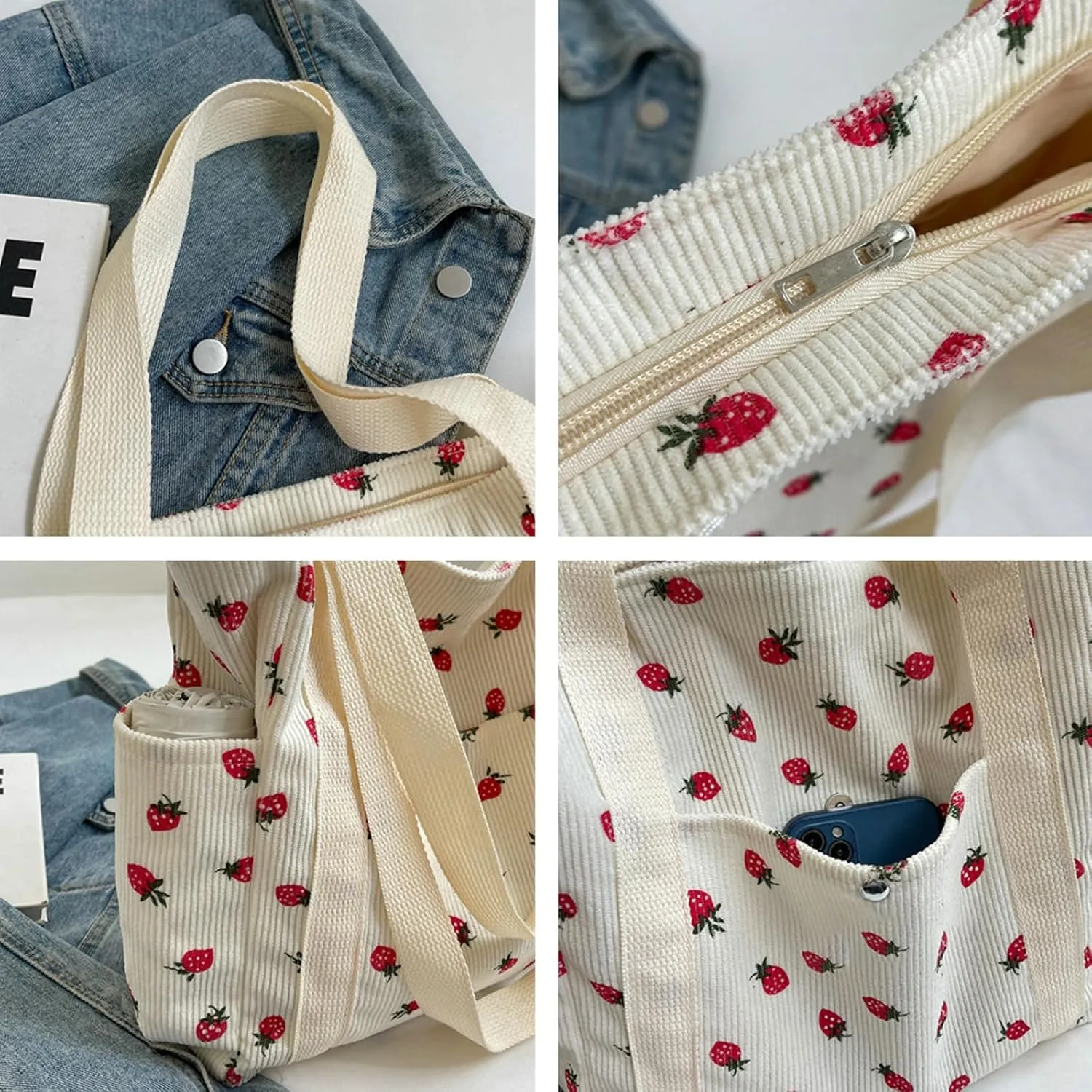 Cute Strawberry Shoulder Tote Bag Women 2025 Corduroy Book Handbag Square Purse Multiple Pockets College