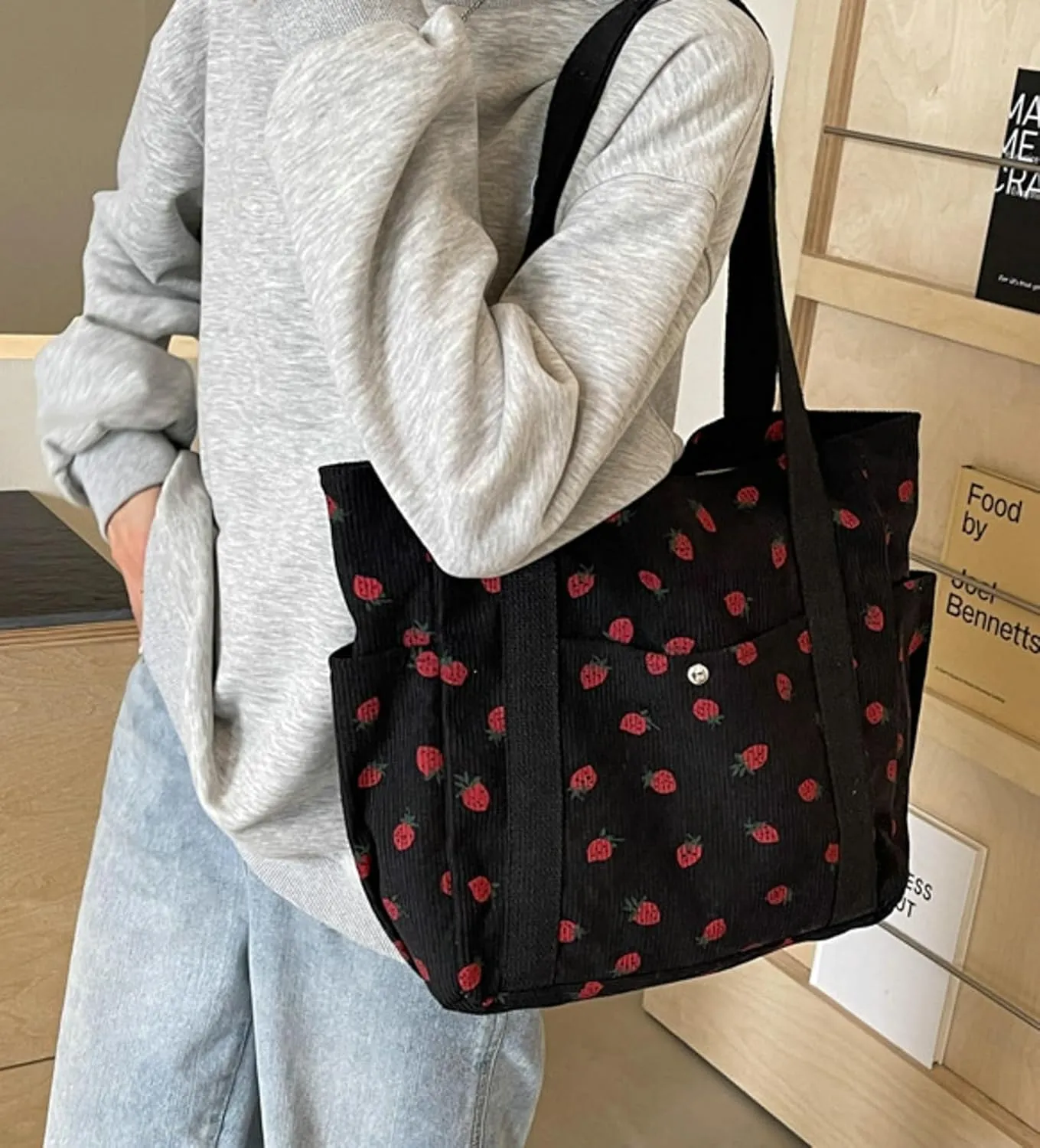 Cute Strawberry Shoulder Tote Bag Women 2025 Corduroy Book Handbag Square Purse Multiple Pockets College