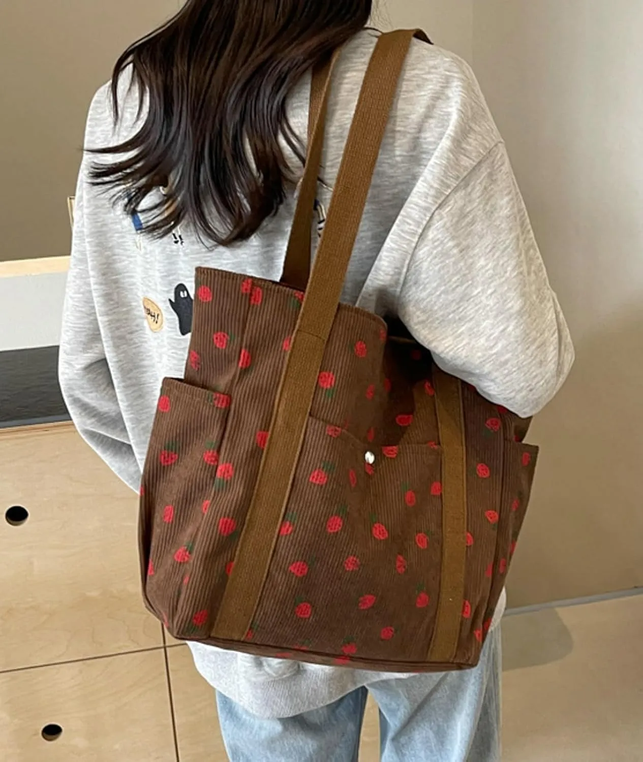 Cute Strawberry Shoulder Tote Bag Women 2025 Corduroy Book Handbag Square Purse Multiple Pockets College