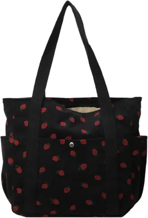 Cute Strawberry Shoulder Tote Bag Women 2025 Corduroy Book Handbag Square Purse Multiple Pockets College