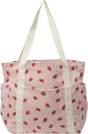 Cute Strawberry Shoulder Tote Bag Women 2025 Corduroy Book Handbag Square Purse Multiple Pockets College