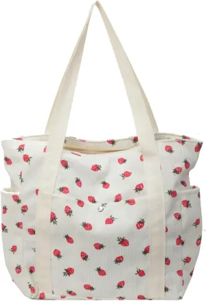 Cute Strawberry Shoulder Tote Bag Women 2025 Corduroy Book Handbag Square Purse Multiple Pockets College