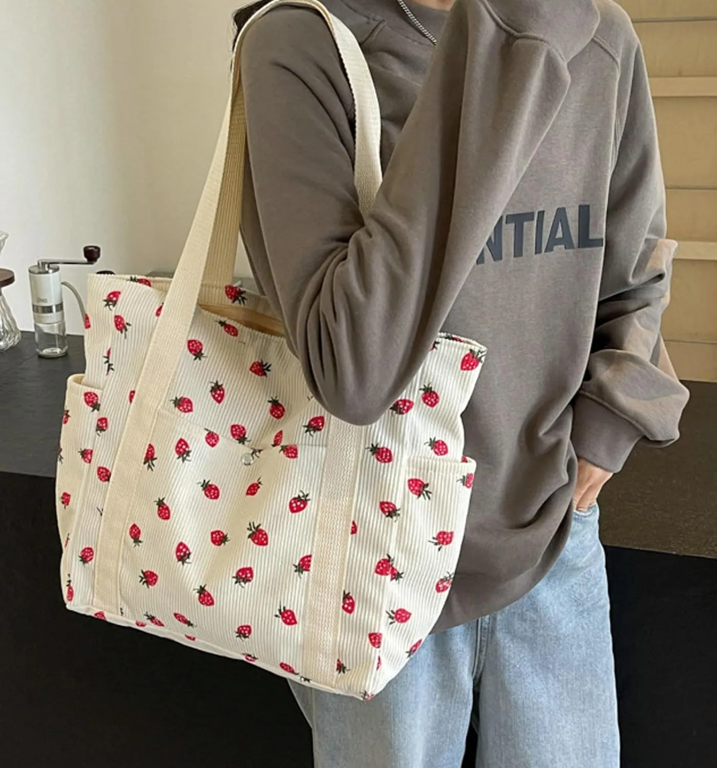 Cute Strawberry Shoulder Tote Bag Women 2025 Corduroy Book Handbag Square Purse Multiple Pockets College