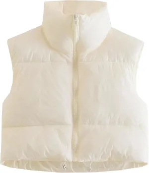 Daacee Women's Lightweight Winter Crop Puffer Vest Warm Sleeveless Zip Up Stand Collar Padded Gilet