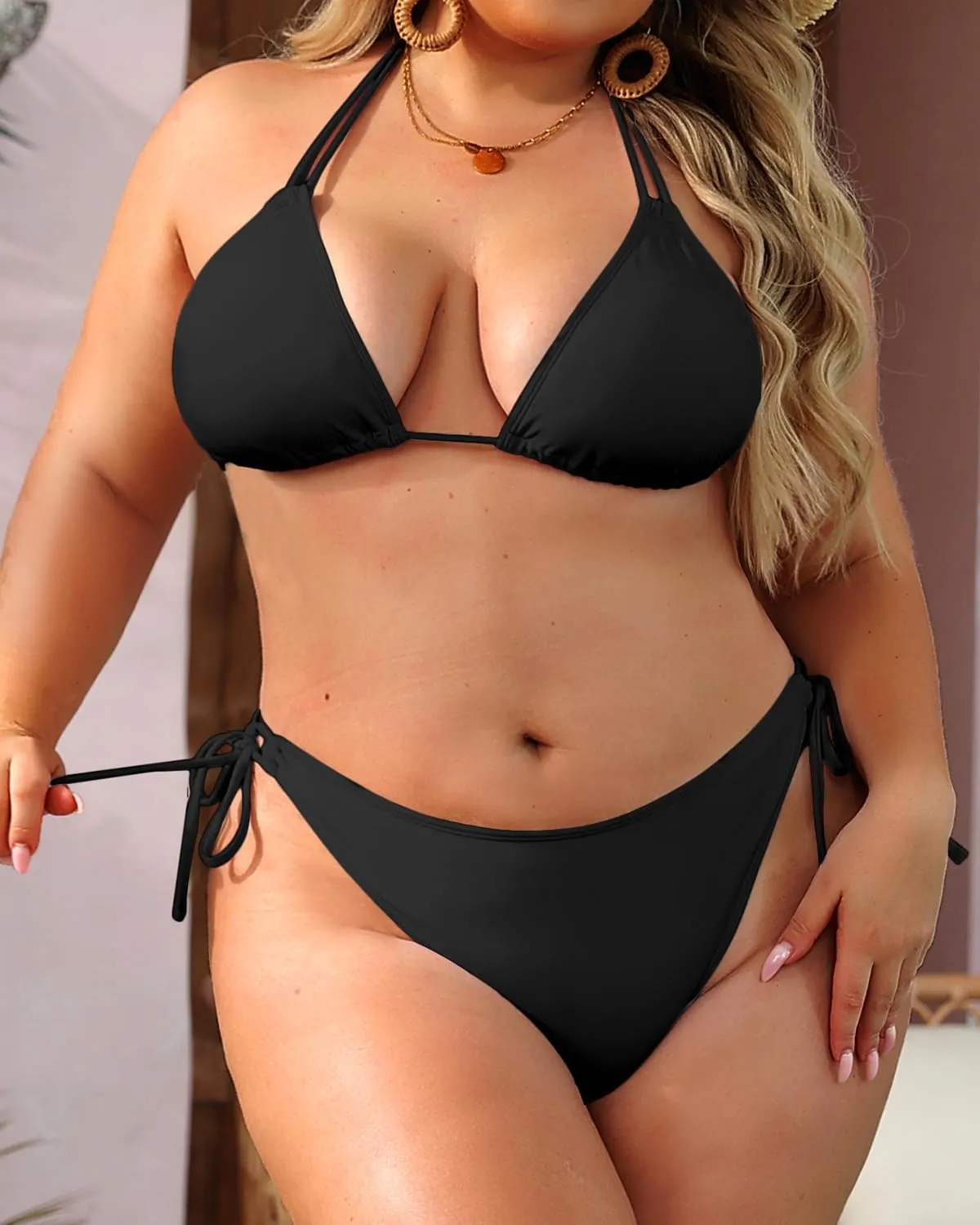 Daci Women Plus Size Triangle Bikini Sets Two Piece Double Straps Halter Swimsuit Side Tie String Sexy Bathing Suits