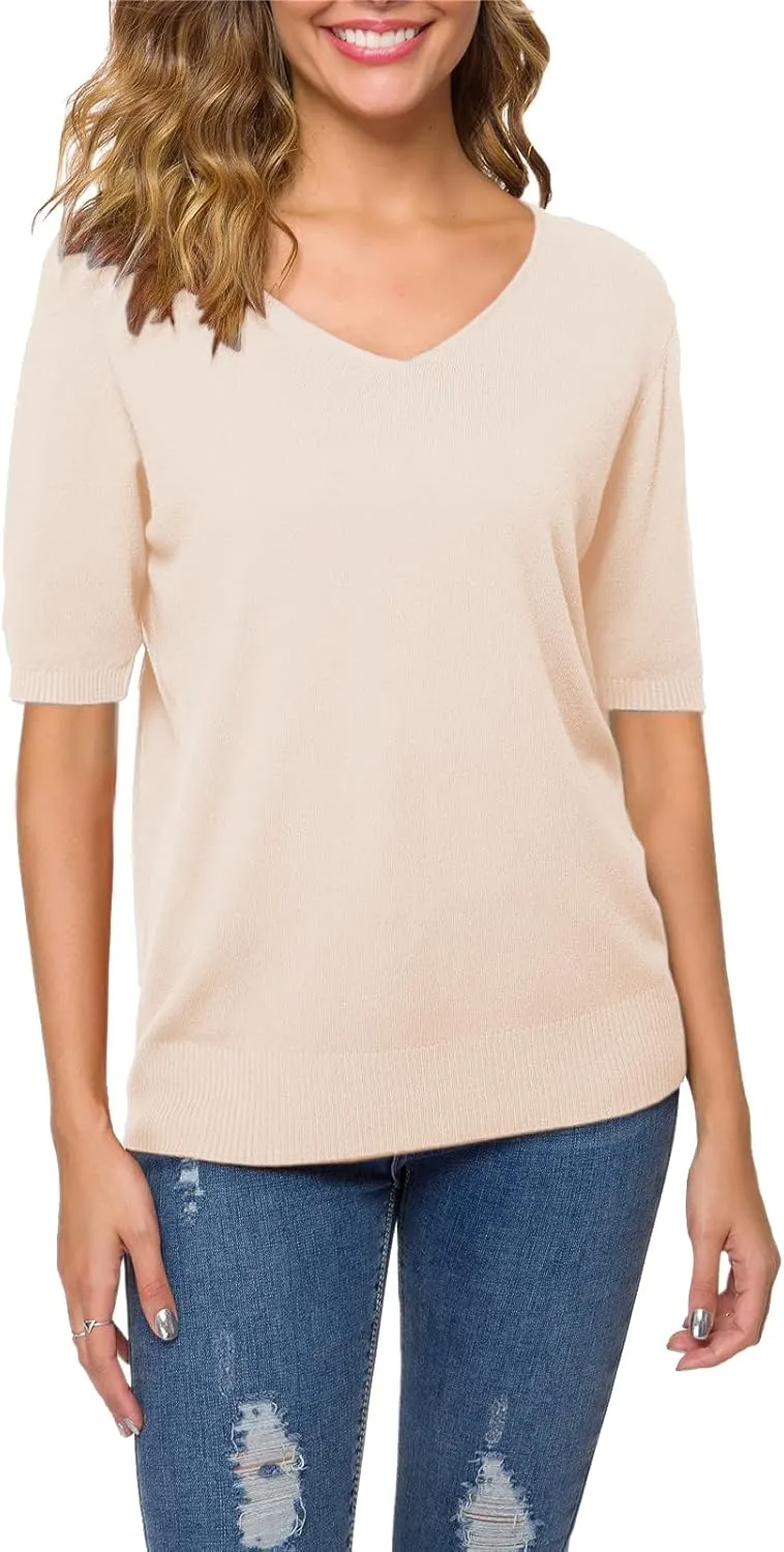 DAIMIDY Women's Short Sleeve V Neck Sweaters Casual Summer Sweater Lightweight Knit Pullover Tops