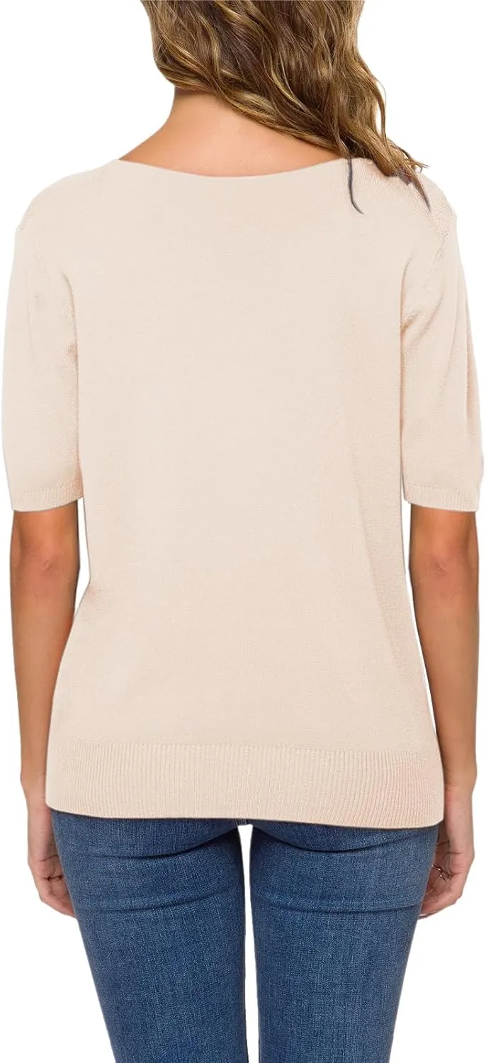 DAIMIDY Women's Short Sleeve V Neck Sweaters Casual Summer Sweater Lightweight Knit Pullover Tops