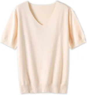 DAIMIDY Women's Short Sleeve V Neck Sweaters Casual Summer Sweater Lightweight Knit Pullover Tops