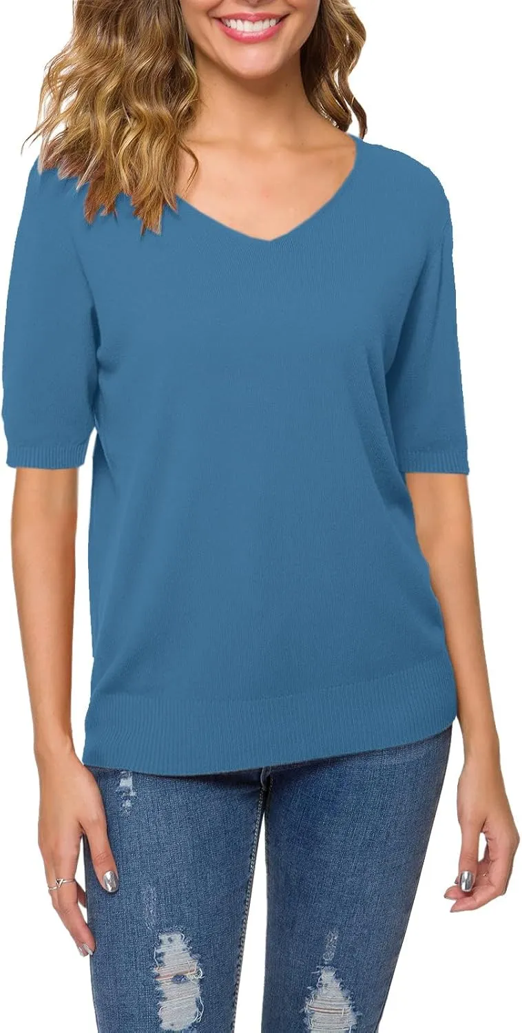 DAIMIDY Women's Short Sleeve V Neck Sweaters Casual Summer Sweater Lightweight Knit Pullover Tops