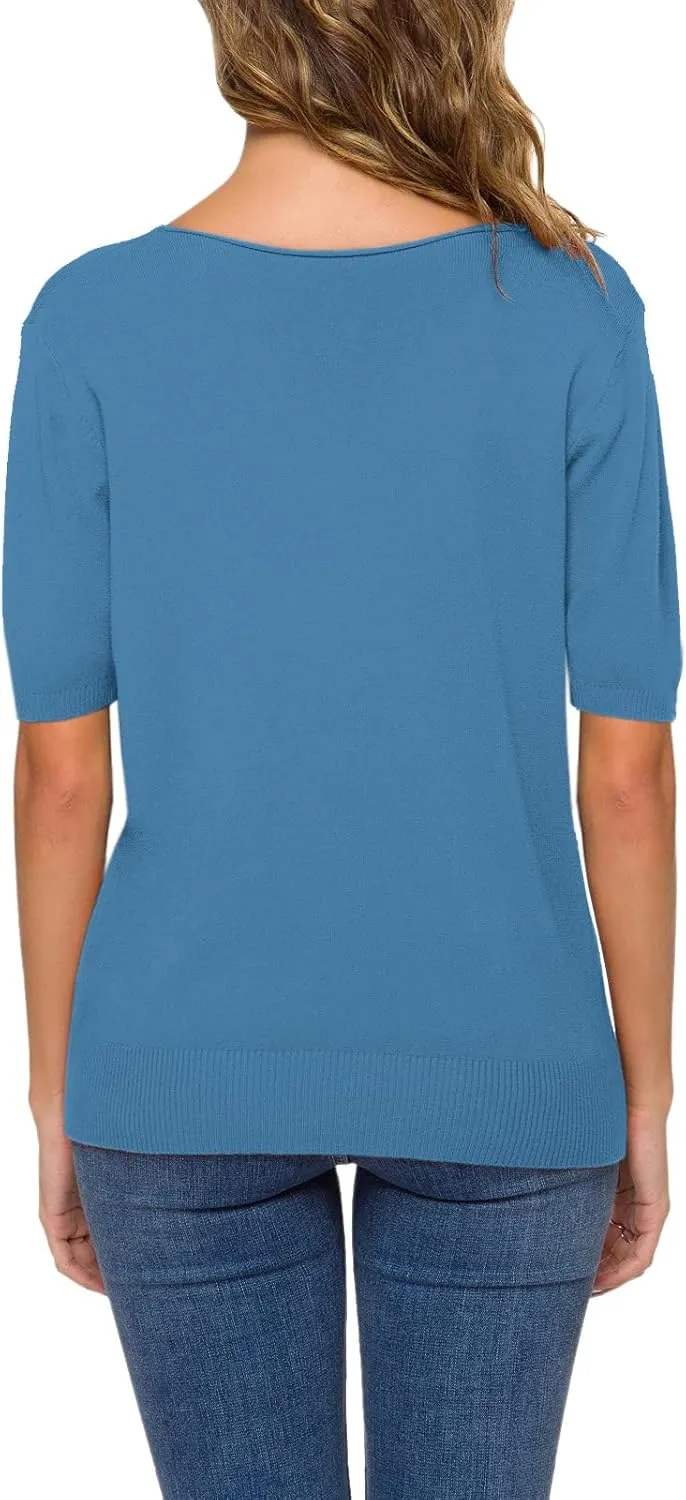 DAIMIDY Women's Short Sleeve V Neck Sweaters Casual Summer Sweater Lightweight Knit Pullover Tops