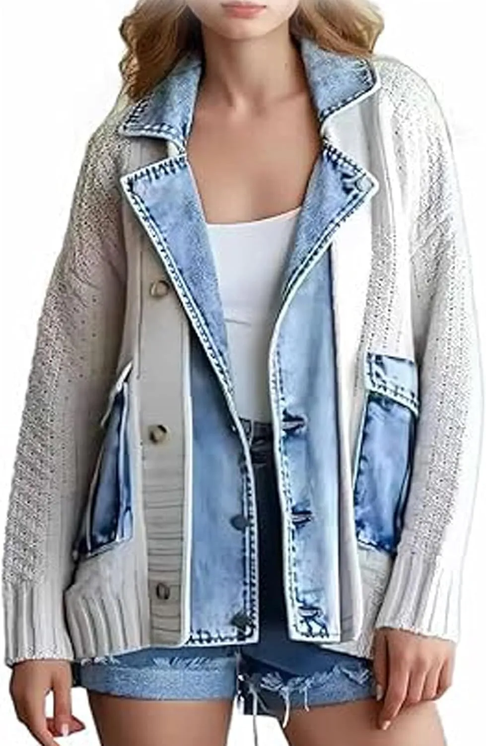 Denim Cardigan with Pockets,Autumn Long Denim Knit Cardigan Sweaters for Women,Trendy Loose Jacket Outerwear