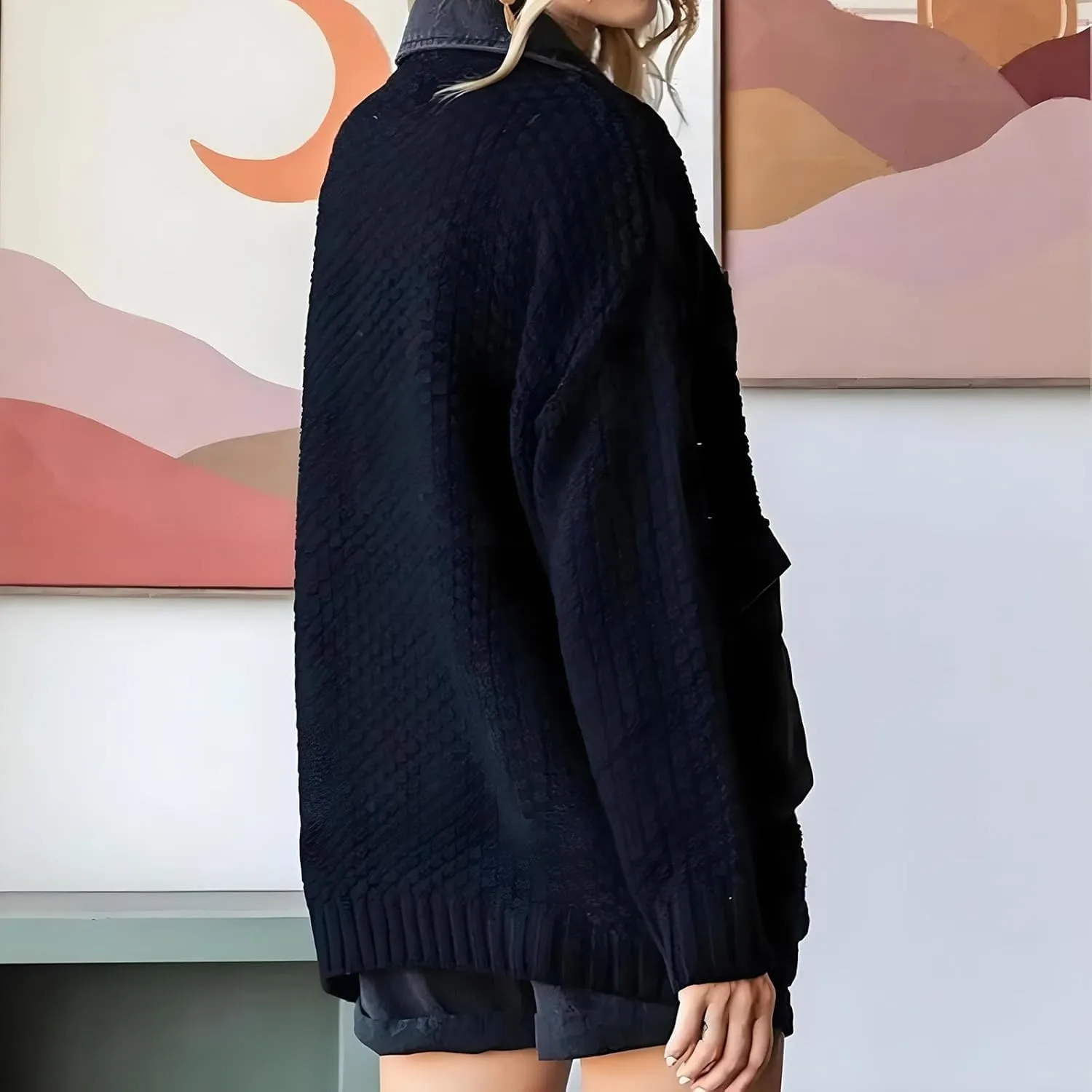 Denim Cardigan with Pockets,Autumn Long Denim Knit Cardigan Sweaters for Women,Trendy Loose Jacket Outerwear