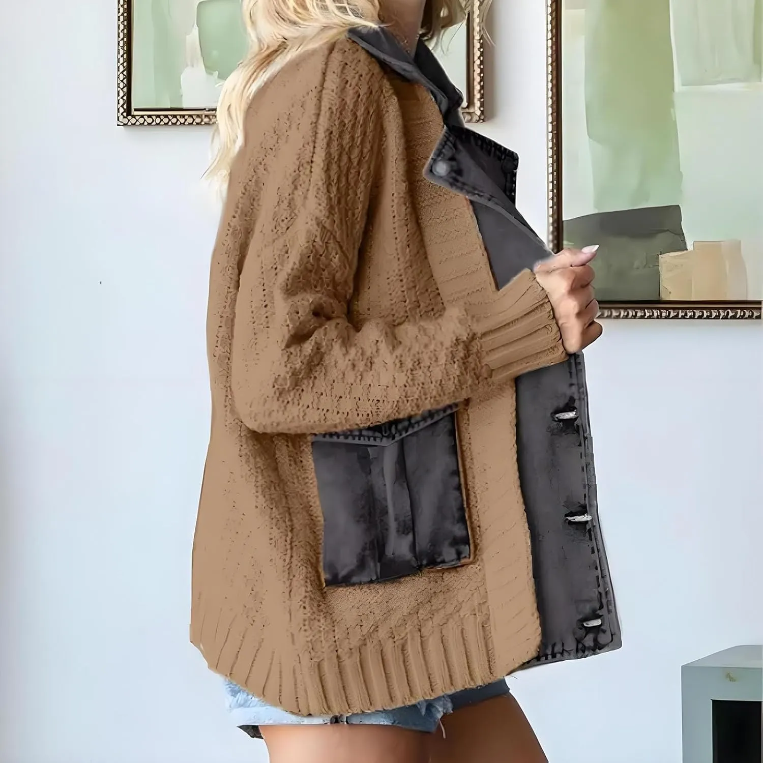 Denim Cardigan with Pockets,Autumn Long Denim Knit Cardigan Sweaters for Women,Trendy Loose Jacket Outerwear