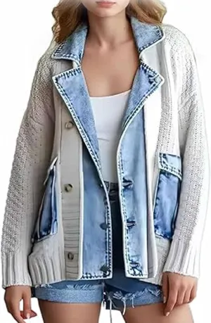 Denim Cardigan with Pockets,Autumn Long Denim Knit Cardigan Sweaters for Women,Trendy Loose Jacket Outerwear