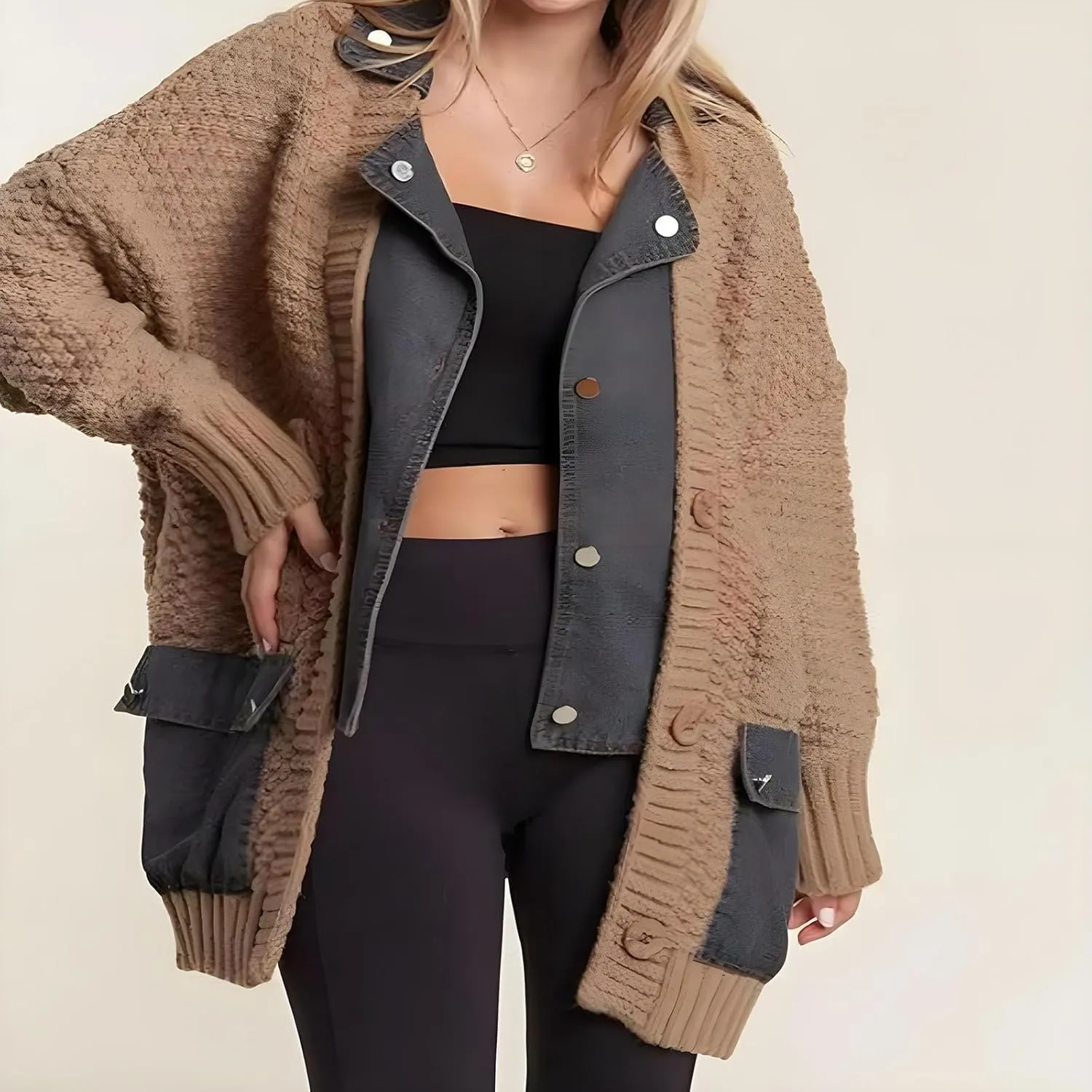Denim Cardigan with Pockets,Autumn Long Denim Knit Cardigan Sweaters for Women,Trendy Loose Jacket Outerwear