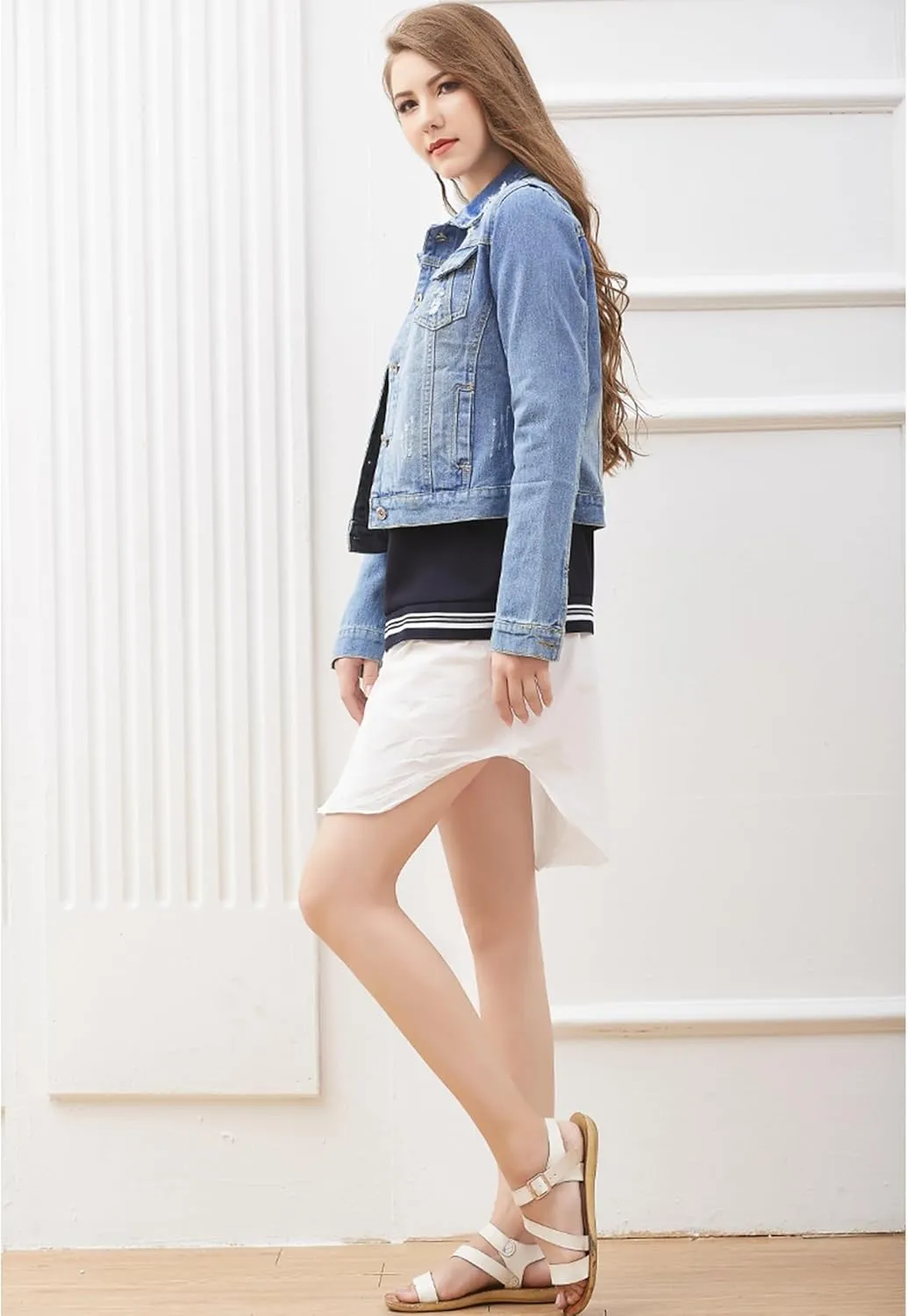 Denim Jacket For Women Jean Cropped Jacket Light Weight Soft Coat Fitted Thin Top Trendy Shacket