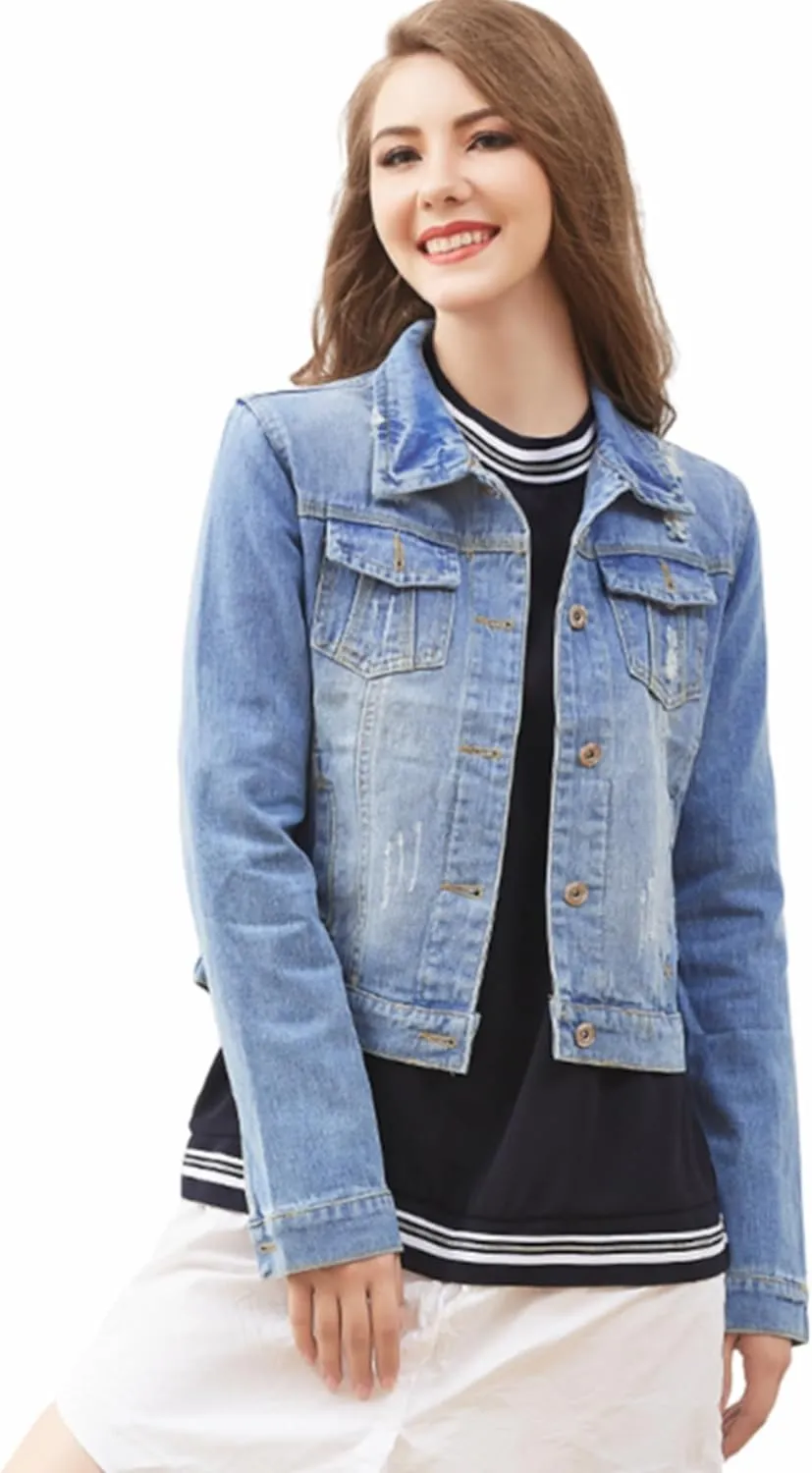 Denim Jacket For Women Jean Cropped Jacket Light Weight Soft Coat Fitted Thin Top Trendy Shacket