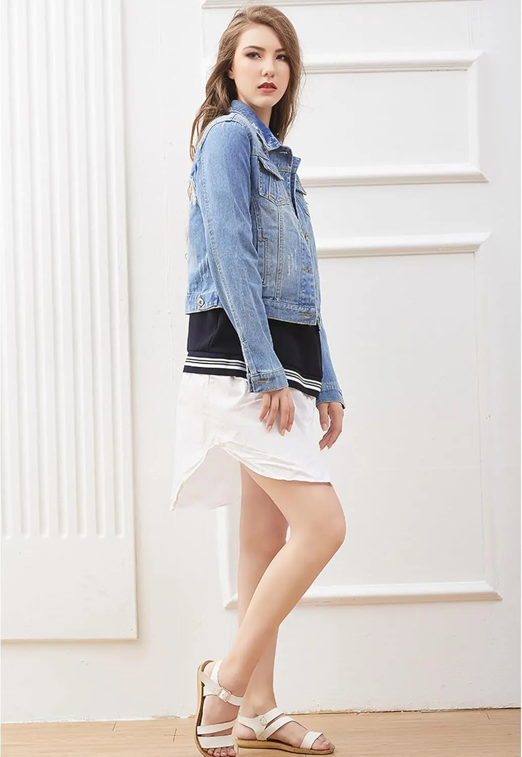 Denim Jacket For Women Jean Cropped Jacket Light Weight Soft Coat Fitted Thin Top Trendy Shacket