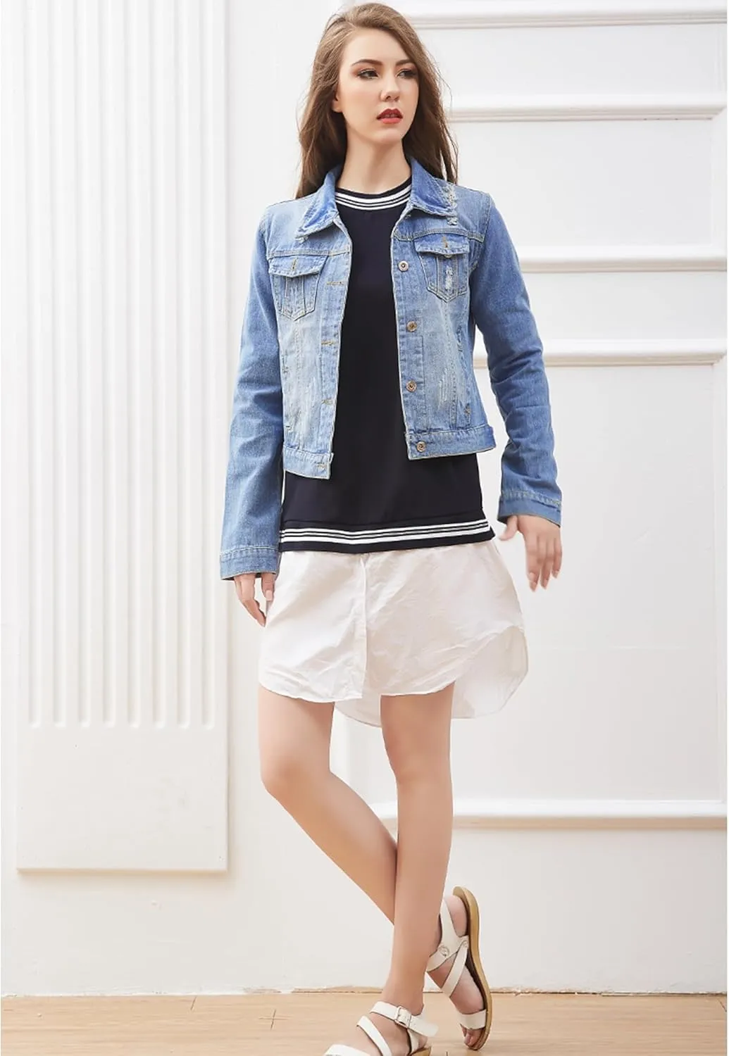 Denim Jacket For Women Jean Cropped Jacket Light Weight Soft Coat Fitted Thin Top Trendy Shacket
