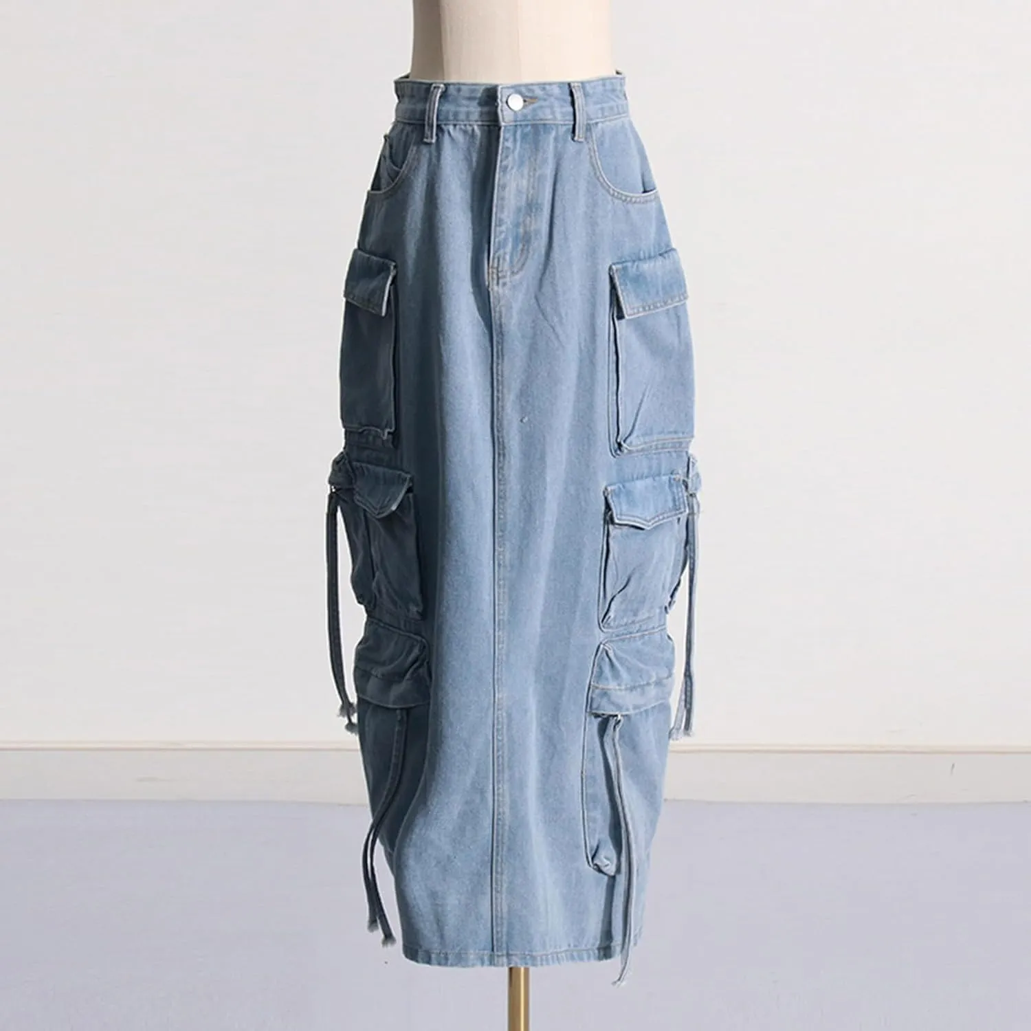 Denim Midi Skirt Women Y2K Casual High Waisted Slit Multiple Pockets Jean Cargo Skirt Pencil Skirt