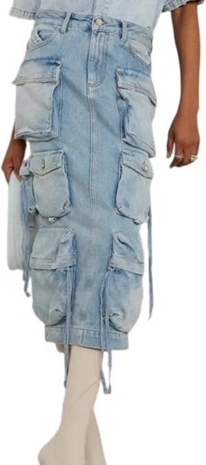 Denim Midi Skirt Women Y2K Casual High Waisted Slit Multiple Pockets Jean Cargo Skirt Pencil Skirt
