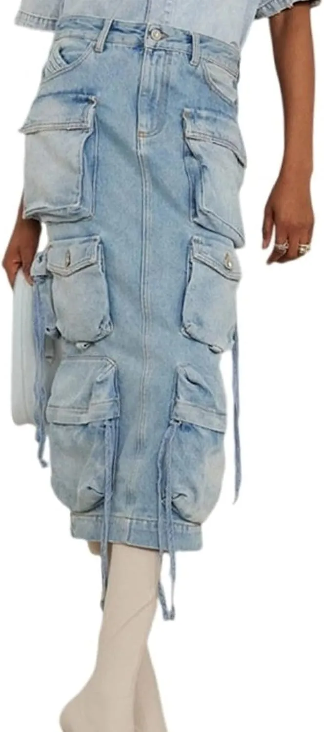 Denim Midi Skirt Women Y2K Casual High Waisted Slit Multiple Pockets Jean Cargo Skirt Pencil Skirt