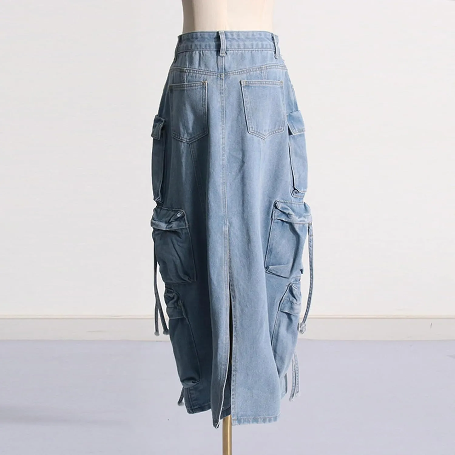 Denim Midi Skirt Women Y2K Casual High Waisted Slit Multiple Pockets Jean Cargo Skirt Pencil Skirt