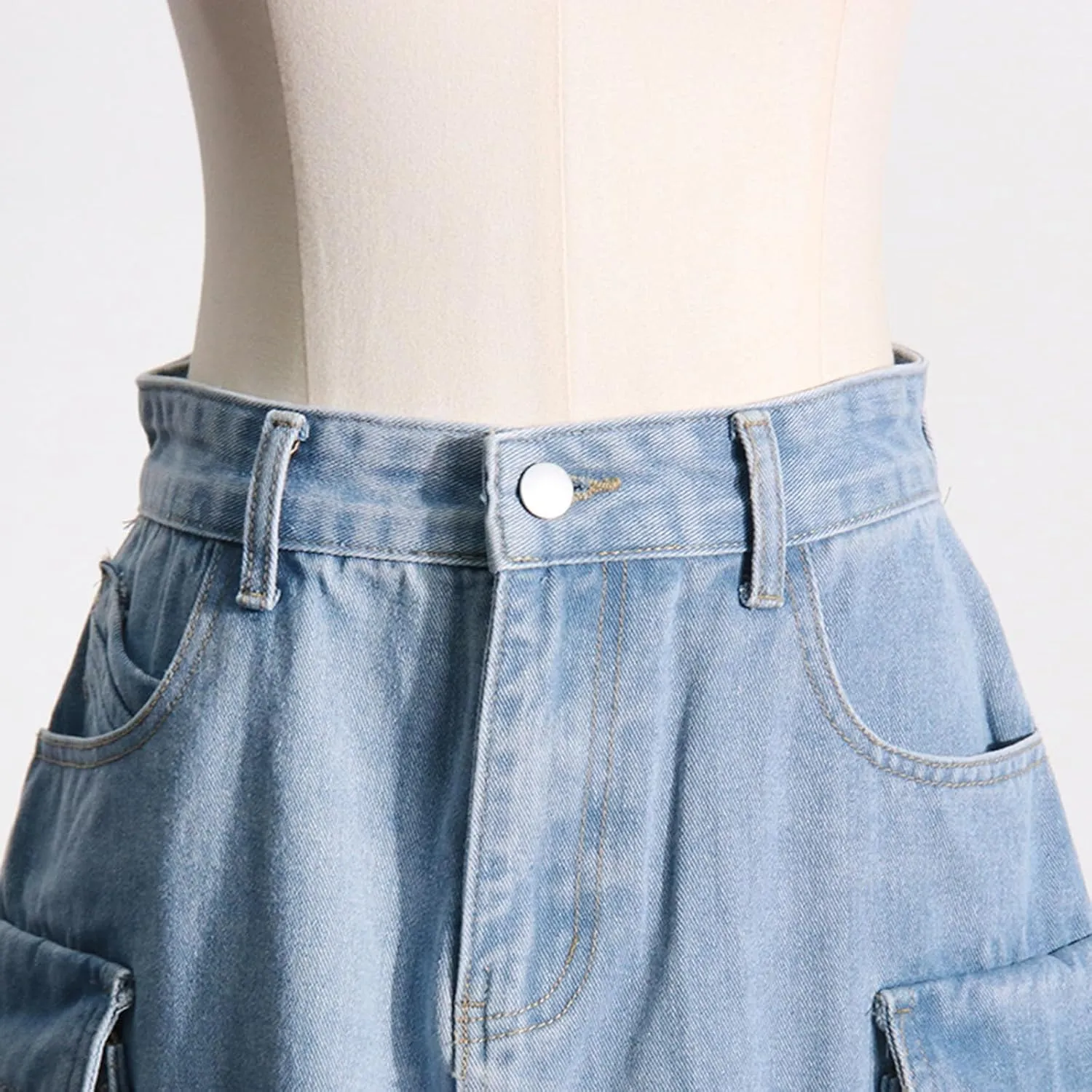 Denim Midi Skirt Women Y2K Casual High Waisted Slit Multiple Pockets Jean Cargo Skirt Pencil Skirt