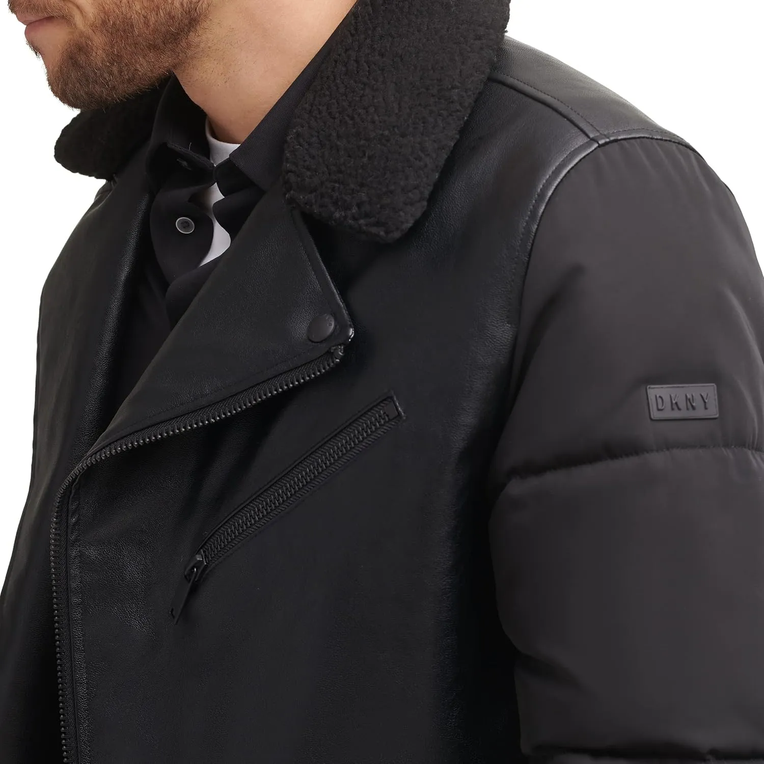 DKNY Mens Mixed Media Faux Leather with Puffer Sleeves