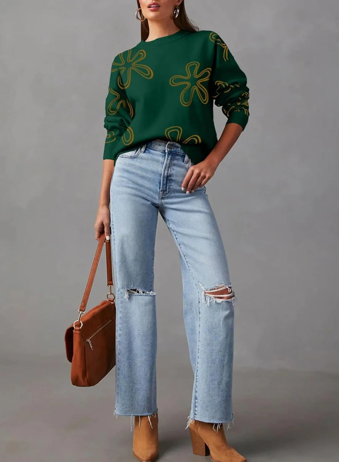 Dokotoo Sweaters for Women Casual Crewneck Long Sleeve Floral Print Cable Knit Pullover Sweater Tops