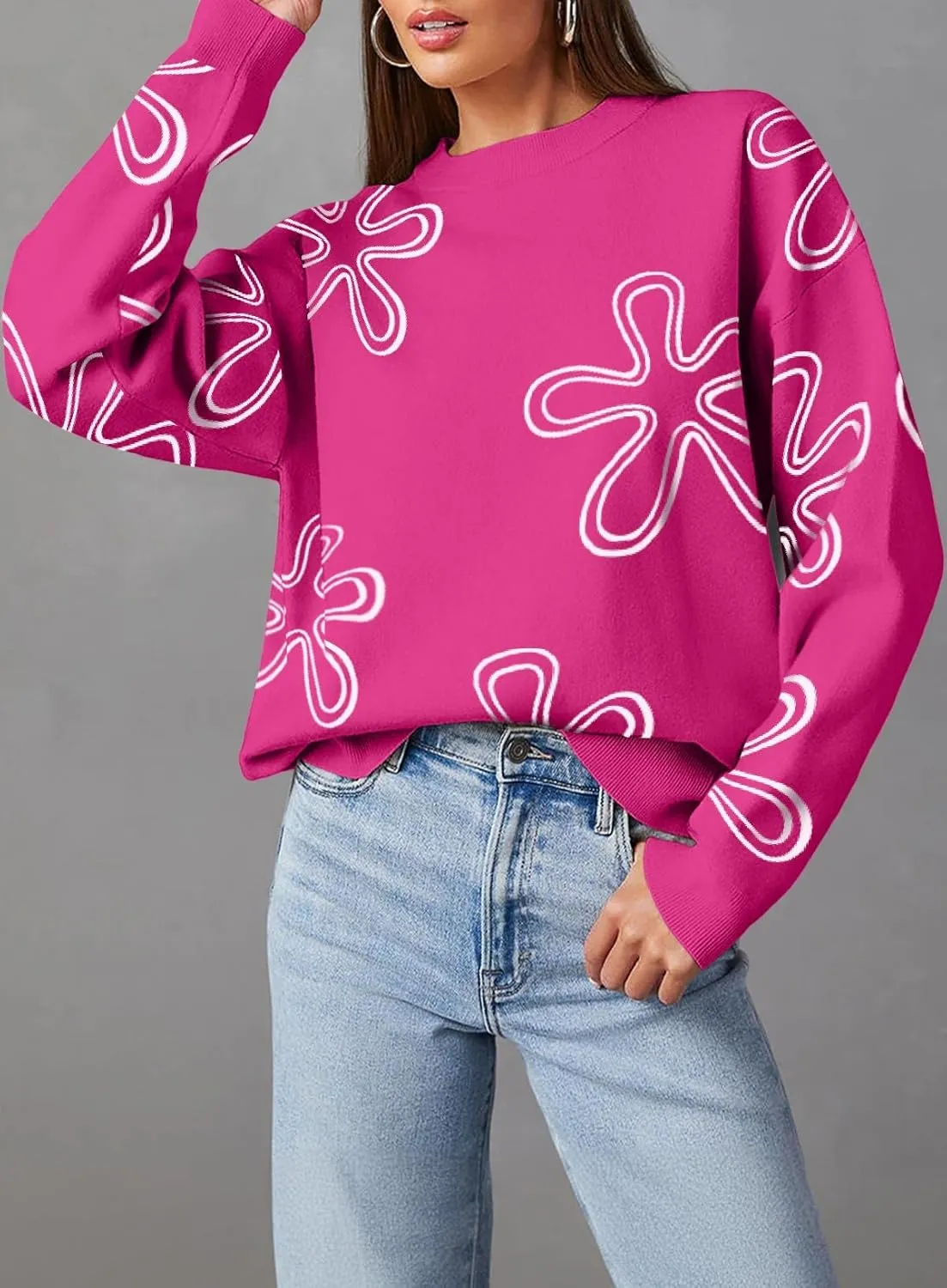 Dokotoo Sweaters for Women Casual Crewneck Long Sleeve Floral Print Cable Knit Pullover Sweater Tops