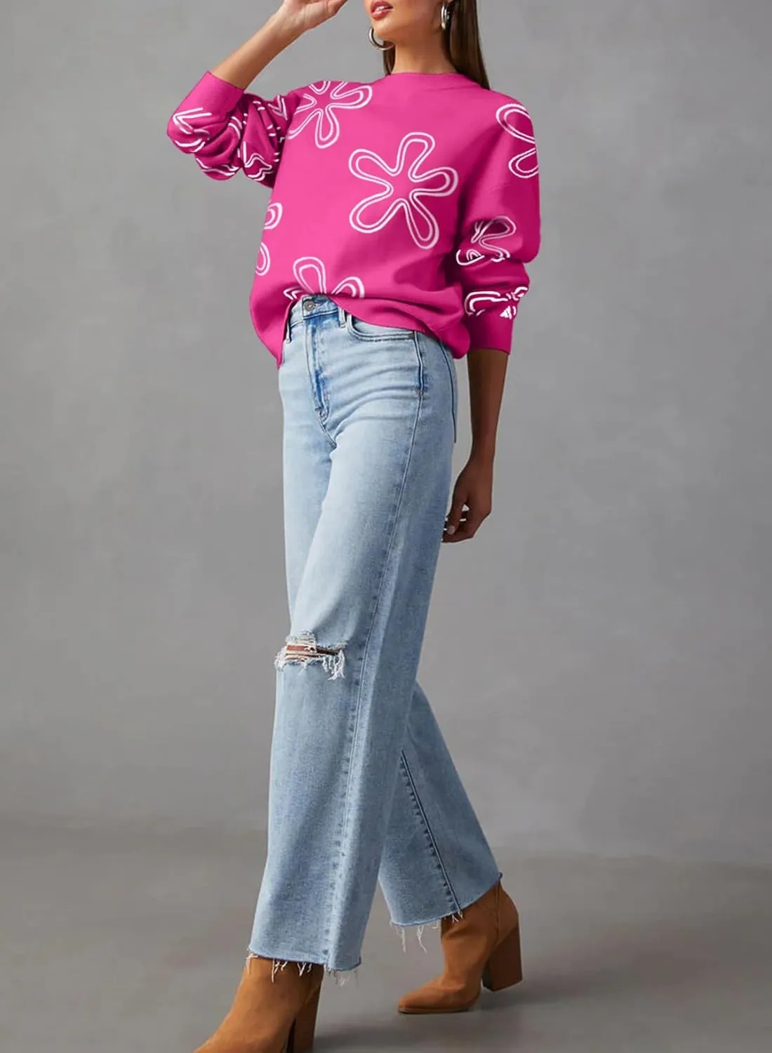 Dokotoo Sweaters for Women Casual Crewneck Long Sleeve Floral Print Cable Knit Pullover Sweater Tops