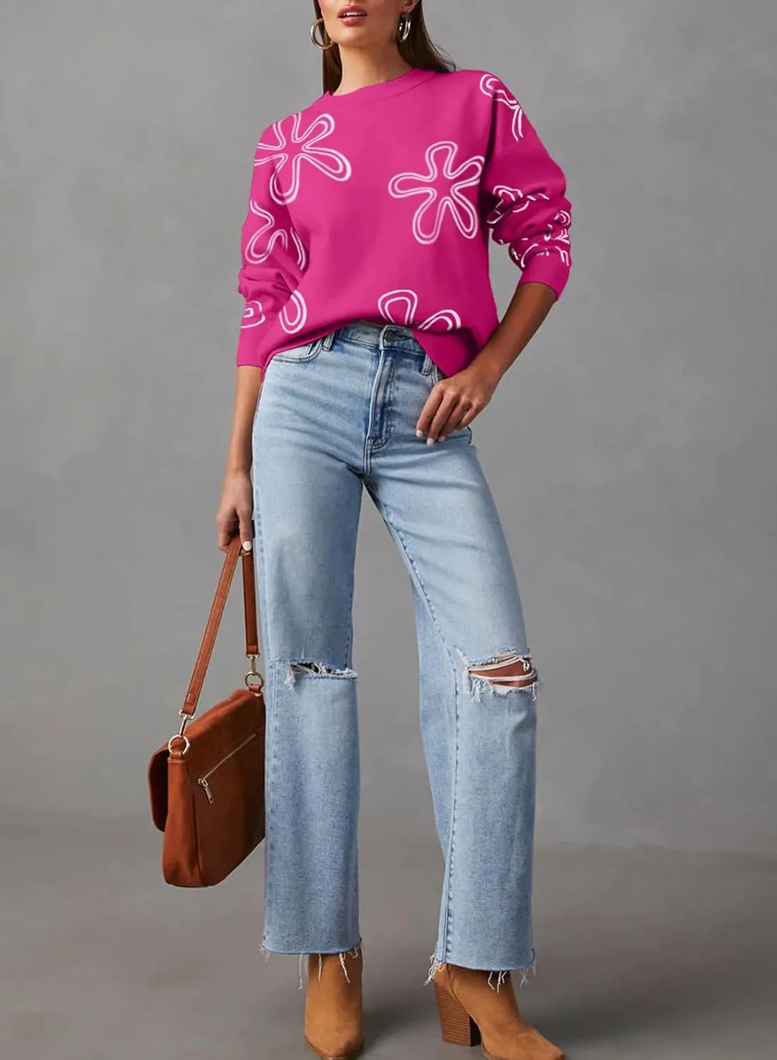 Dokotoo Sweaters for Women Casual Crewneck Long Sleeve Floral Print Cable Knit Pullover Sweater Tops