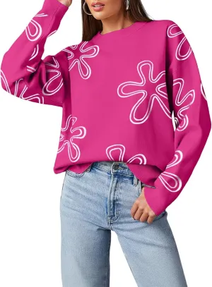 Dokotoo Sweaters for Women Casual Crewneck Long Sleeve Floral Print Cable Knit Pullover Sweater Tops