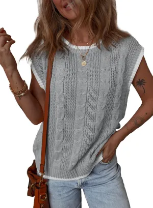 Dokotoo Tank Tops for Women Round Neck Cap Sleeve Color Block Cable Knit Womens Tank Tops Sweater Vest Women