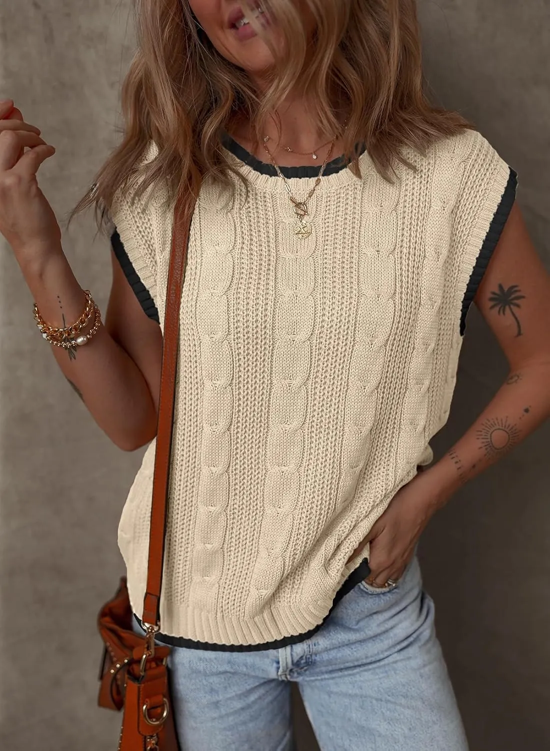 Dokotoo Tank Tops for Women Round Neck Cap Sleeve Color Block Cable Knit Womens Tank Tops Sweater Vest Women