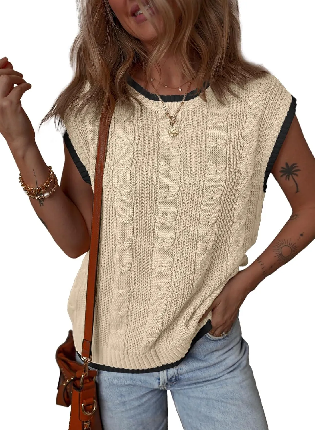 Dokotoo Tank Tops for Women Round Neck Cap Sleeve Color Block Cable Knit Womens Tank Tops Sweater Vest Women