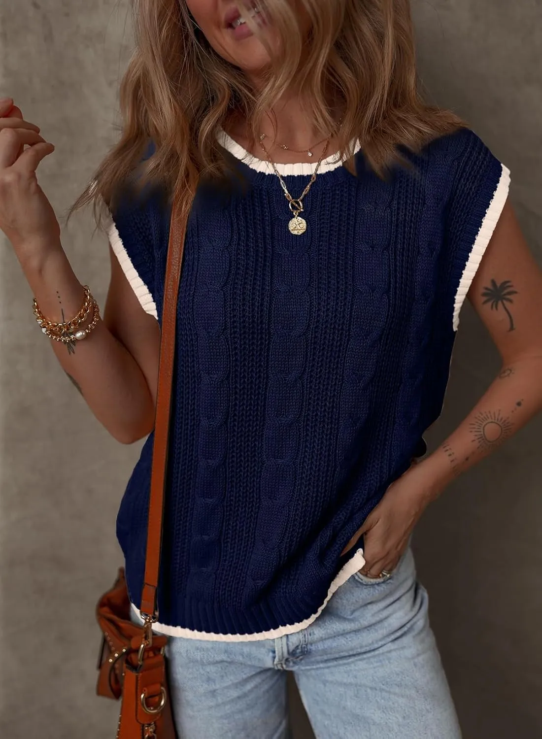 Dokotoo Tank Tops for Women Round Neck Cap Sleeve Color Block Cable Knit Womens Tank Tops Sweater Vest Women