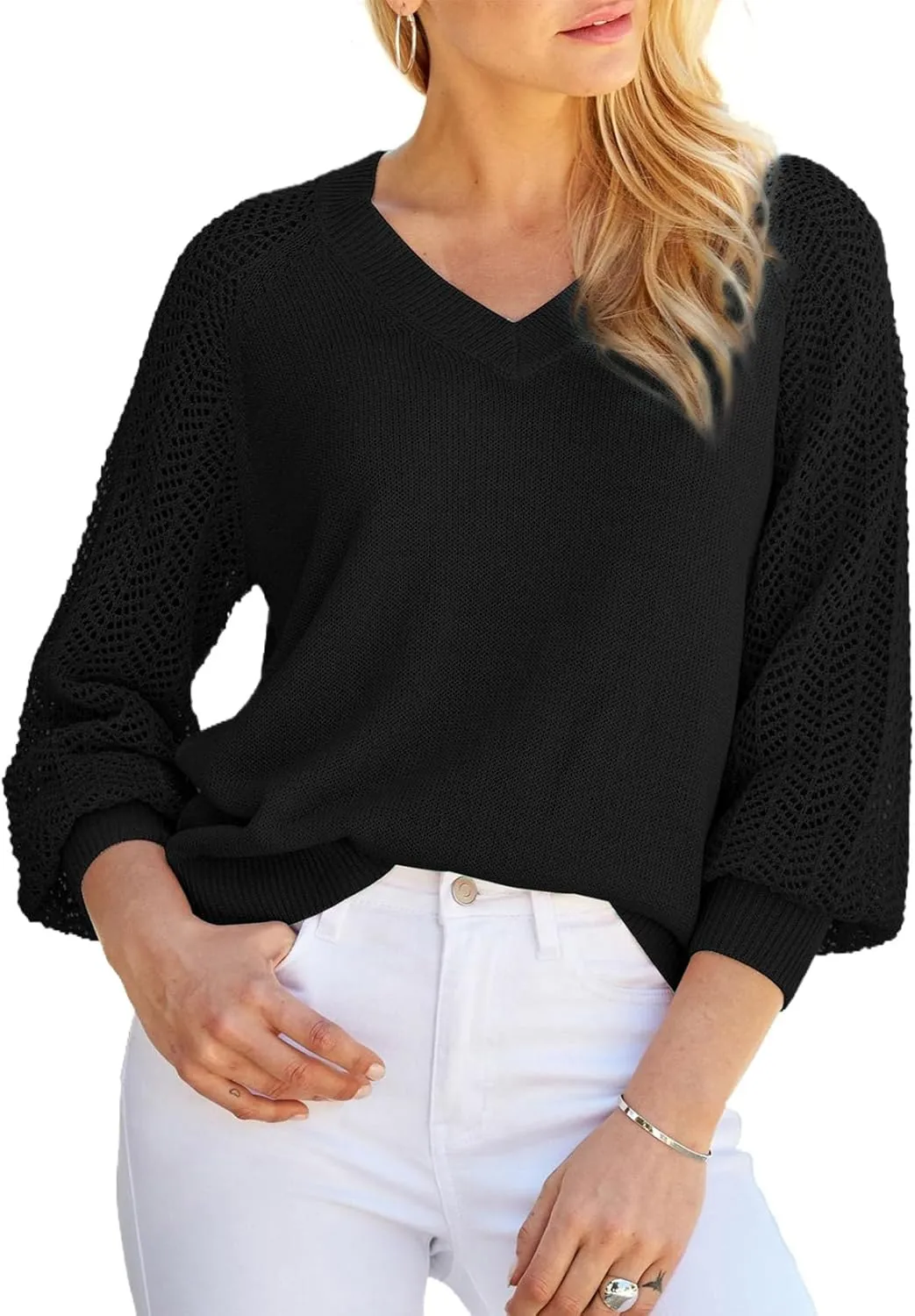 Dokotoo Women's Casual V-Neck Long Sleeve Sweaters Solid Color Pullover Knit Sweater Jumper Tops