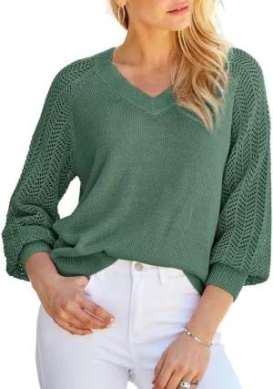 Dokotoo Women's Casual V-Neck Long Sleeve Sweaters Solid Color Pullover Knit Sweater Jumper Tops