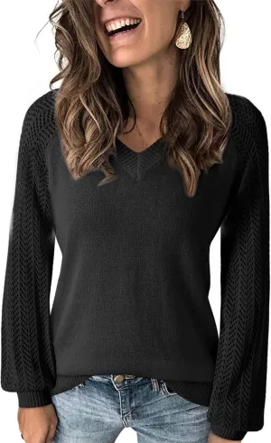 Dokotoo Women's Casual V-Neck Long Sleeve Sweaters Solid Color Pullover Knit Sweater Jumper Tops